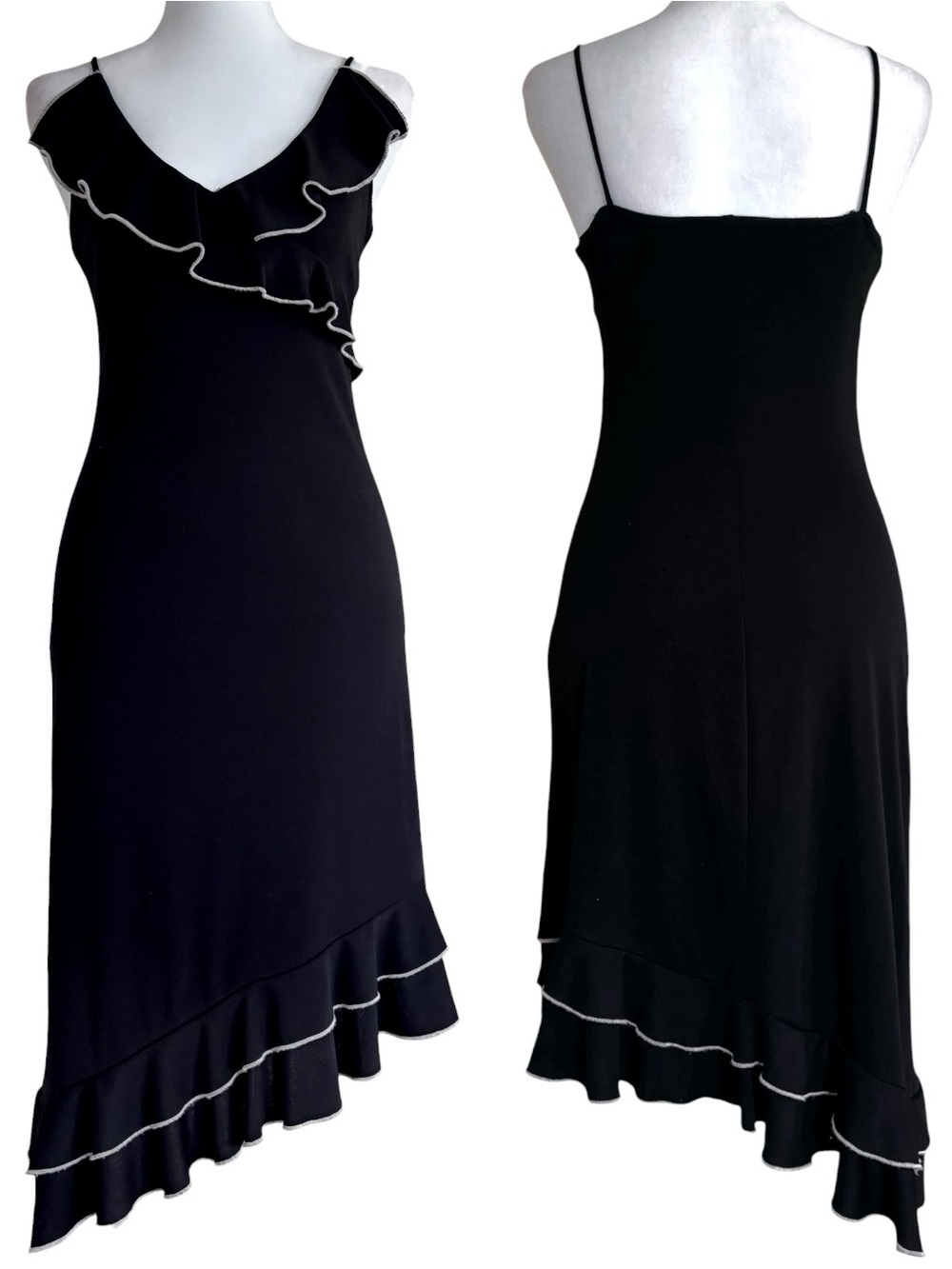 Vintage Y2K Black Asymmetrical Ruffle Midi Dress Contrast Stitch